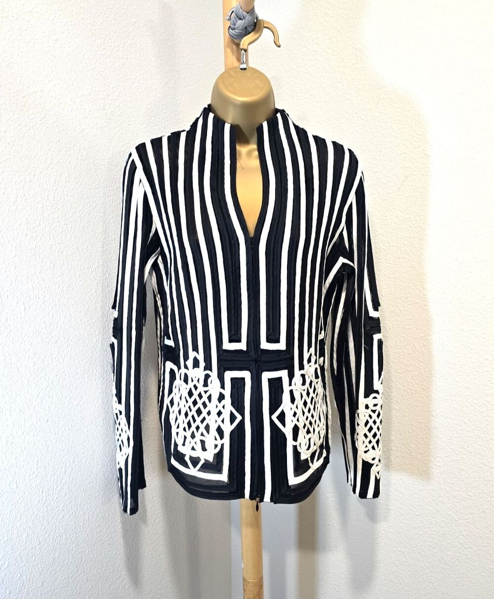 Weavz Black White Blazer Jacket Med Sheer Stripe Zip Embroidered Artsy Statement